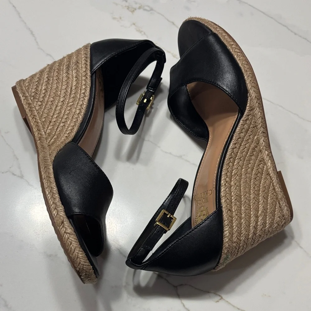 Vince Black Leather Wedge Espadrilles